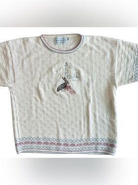 80s 90s Embroidered Short Sleeve Pelican Coastal Grandma Sweater Sz M